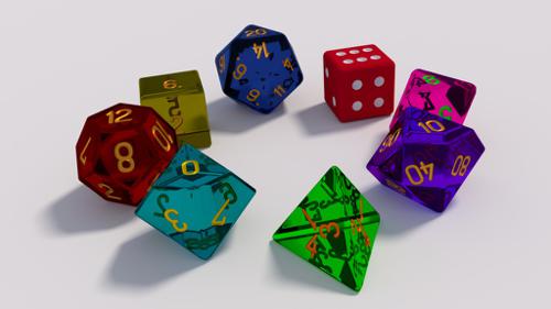 Dice (D20, D12, D8, D10, D8, D6, D4)