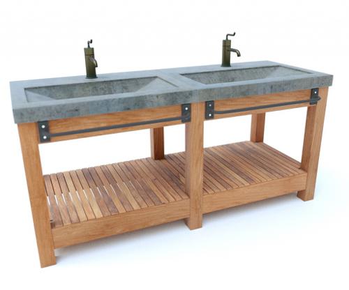 Concrete sink, copper tap, wooden cabinet