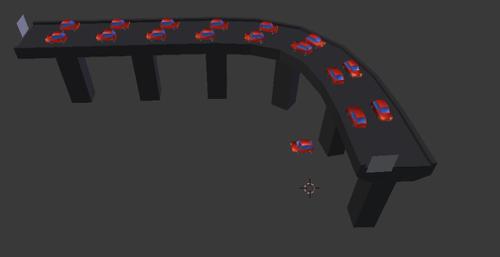 Particles cars following path.