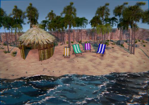 Beach with Tiki Hut, Palm Trees and Beach chairs