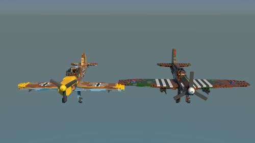 Lego Messerschmitt and Spitfire rigged