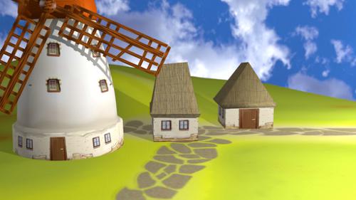 Cartoon windmill and house