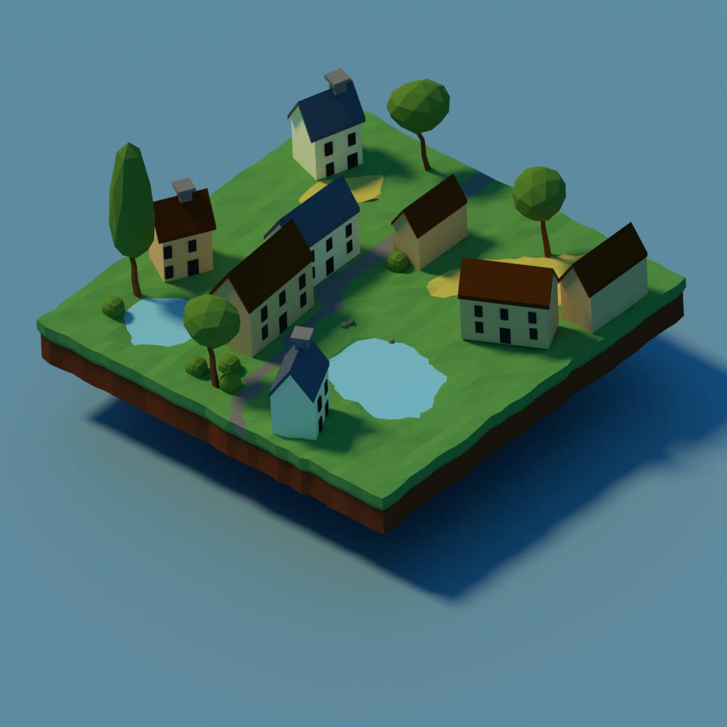 low poly small village