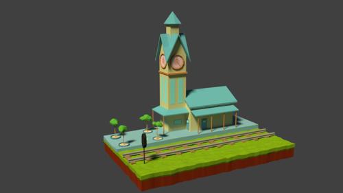 low poly small train station