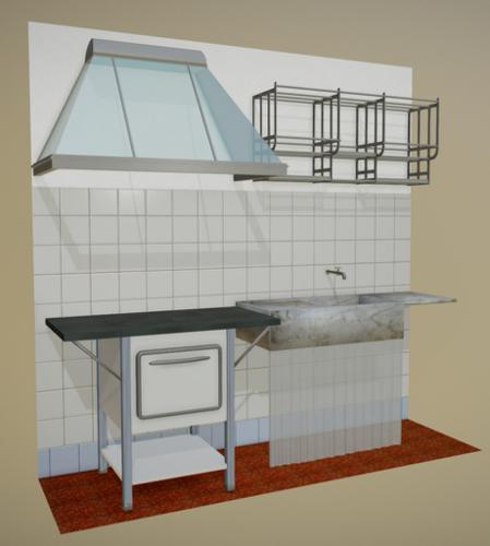 Stove, Sink, Dish drainer, Kitchen hood