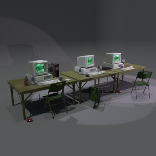 Computers, desk and chairs