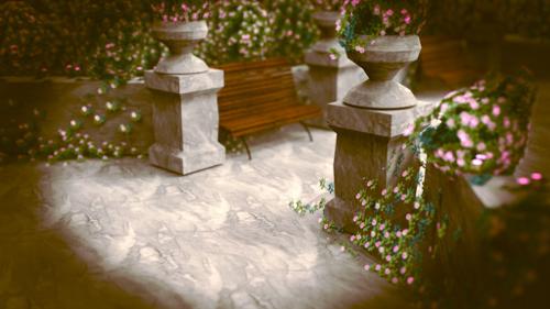 Park Scene Marble Vases Bench