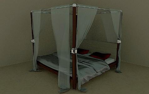 Bed in solid wood with curtains