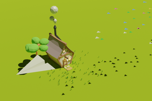 low polygon paper airplane and house