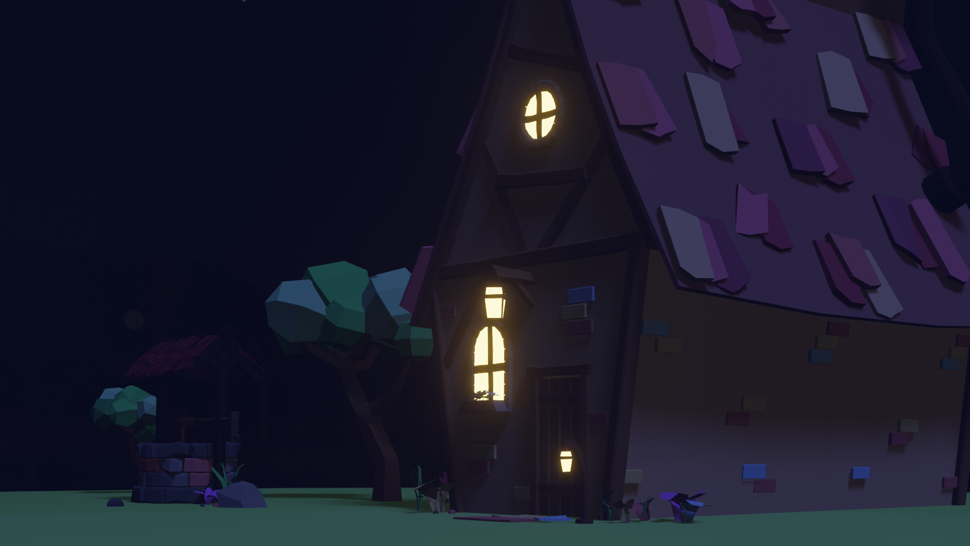 low poly cottage - well