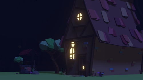 low poly cottage - well