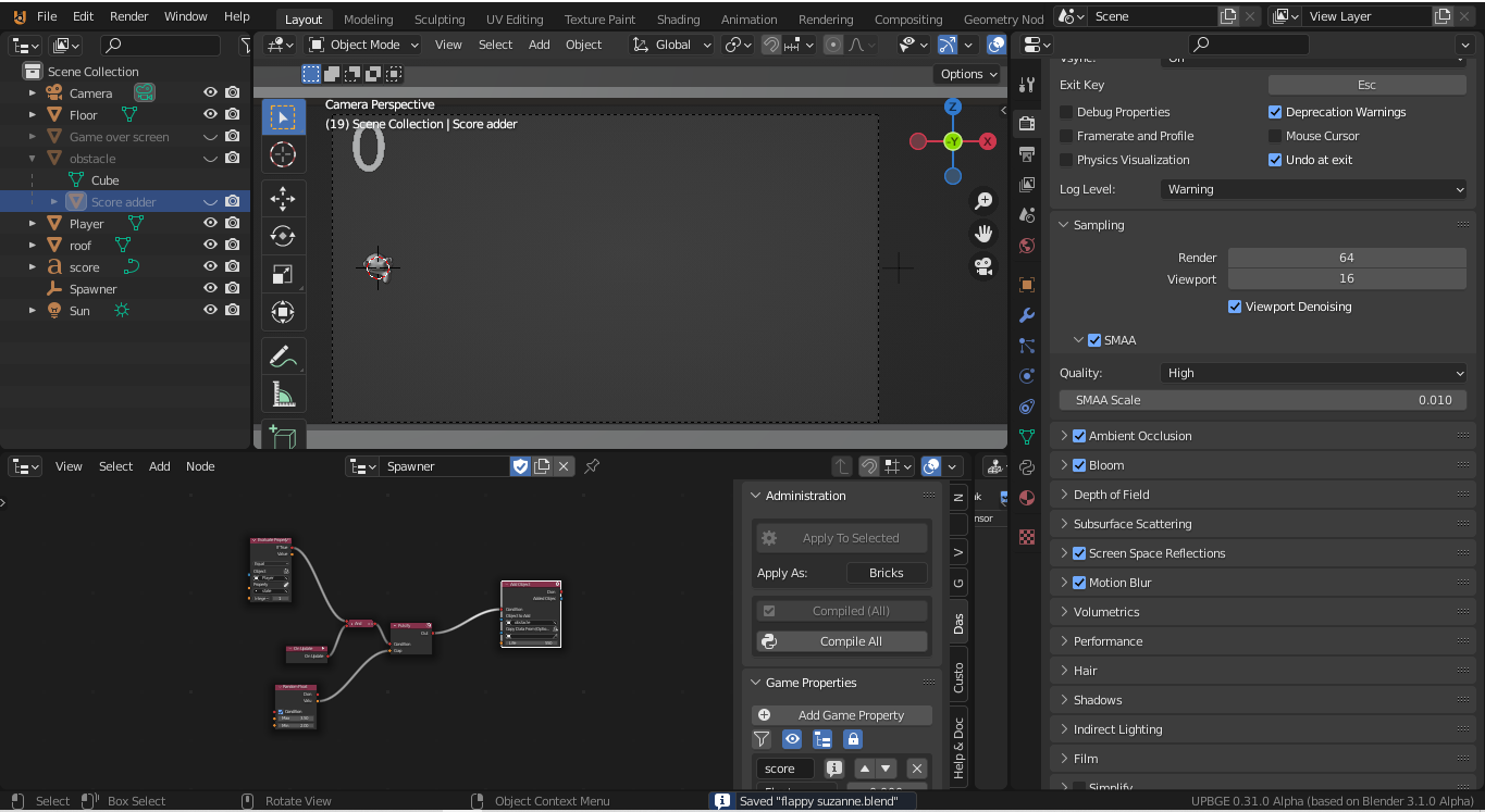 UPBGE X3.0 Flappy suzanne using Logic nodes