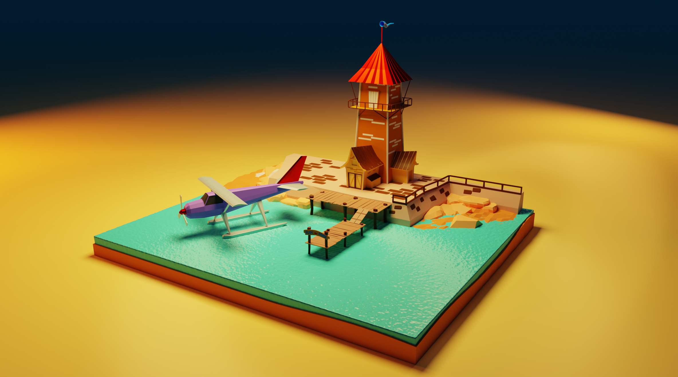 LowPoly Tower house and sea plane