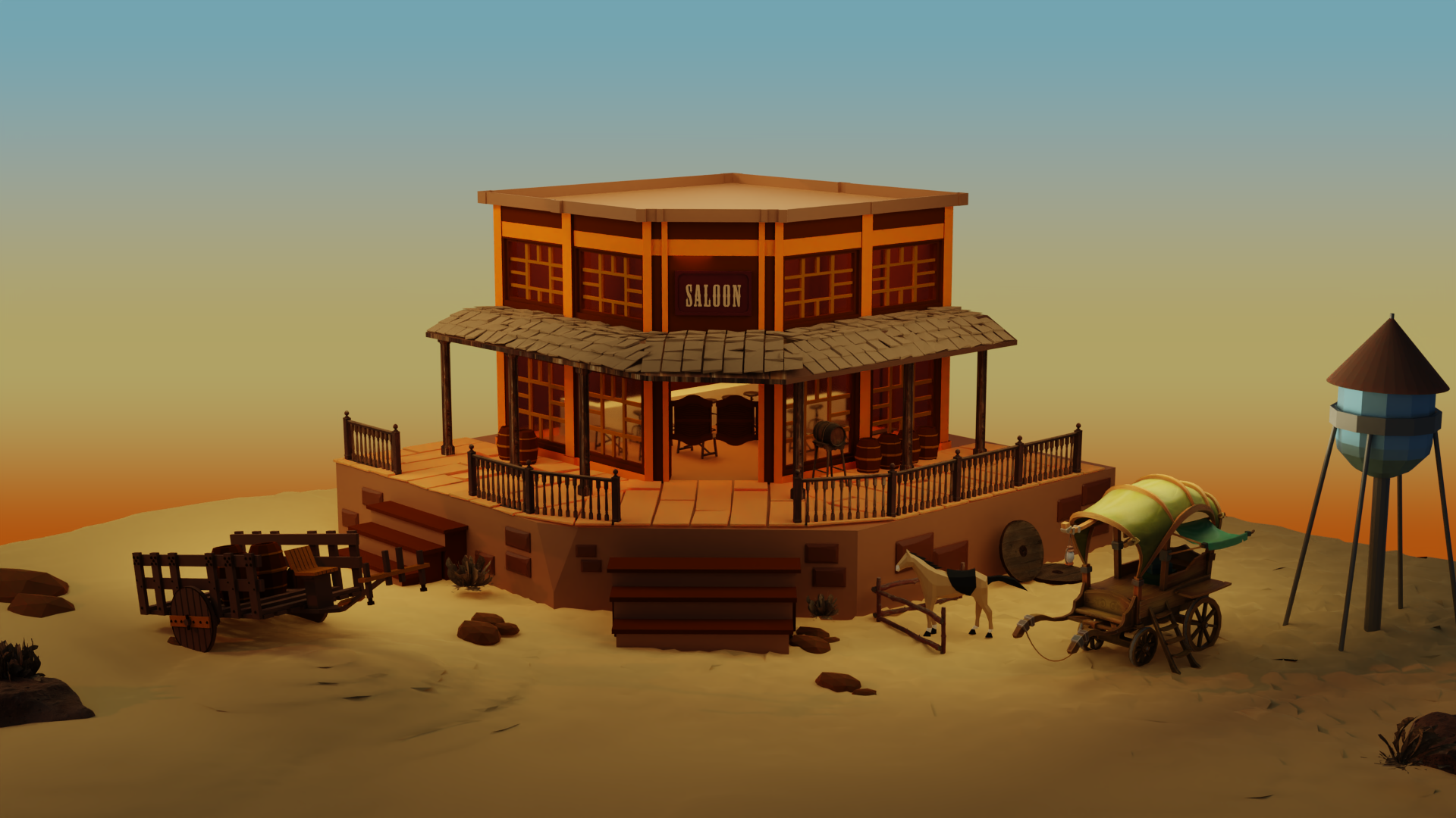 Low Poly Western Saloon Scene