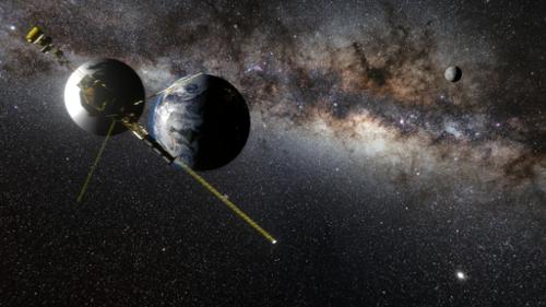 Voyager 1, earth, moon and milkyway.